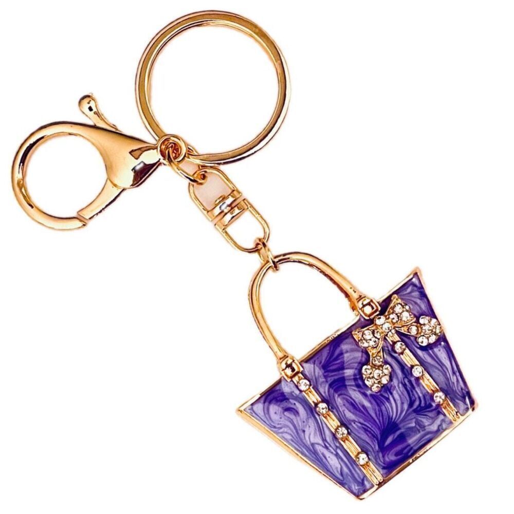 NWT Gorgeous Purple & Gold Metal Bling Purse Handbag Lobster Keyring Key holder